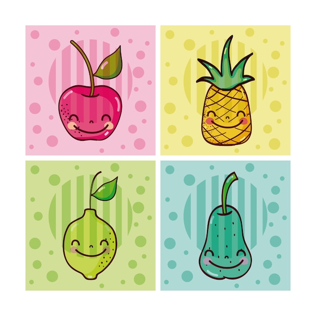 Vector set of cute fruits cartoons square icons