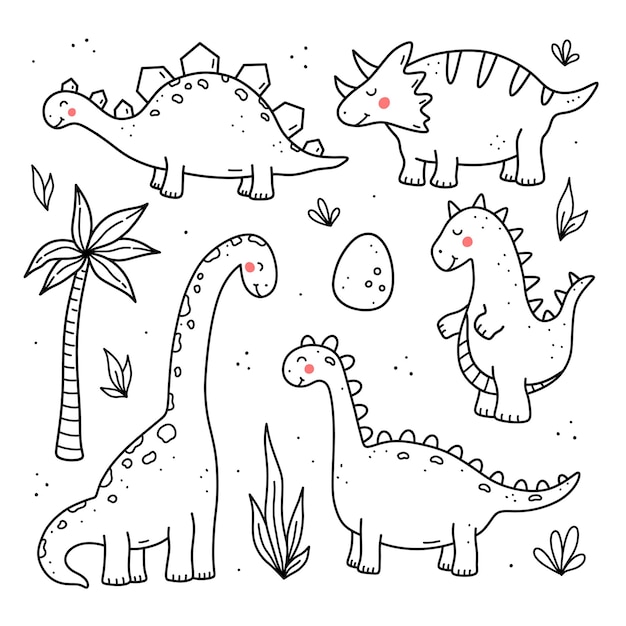 흰색 배경에 고립 된 귀여운 재미있는 공룡과 식물 세트 낙서 스타일