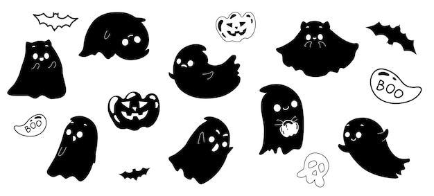 Set of cute funny ghost silhouettes scary and funny ghosts for halloween