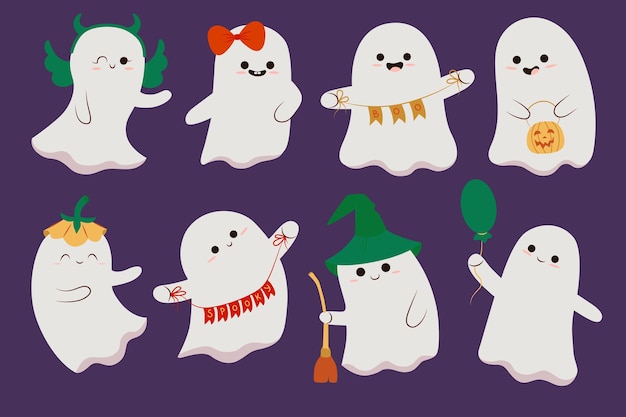 Vector set of cute funny happy ghosts childish spooky boo characters for kids magic scary spirits