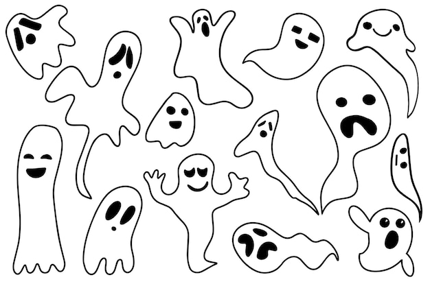 Vector a set of cute funny happy ghosts children39s ghost characters for halloween party magical scary spirits with different emotions and facial expressions vector illustration