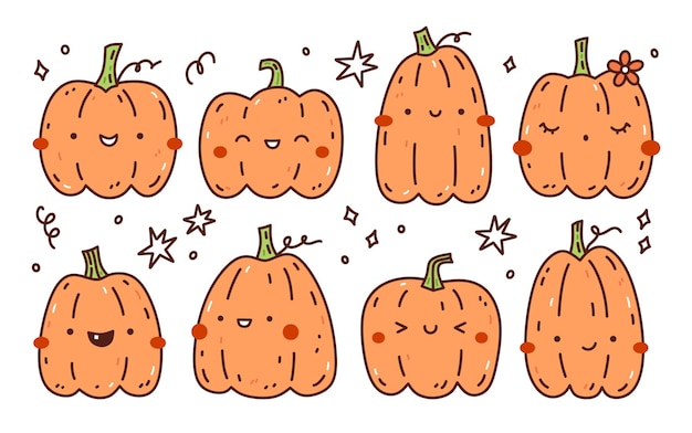 Set of cute and funny orange pumpkins isolated on white background hand drawn doodle illustration
