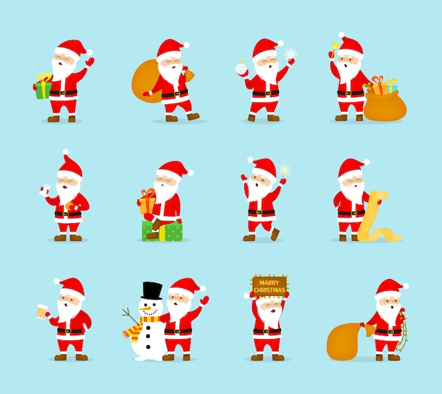 Set of cute funny santa claus in glasses celebrating christmas and new year. happy santa with bag having fun.   illustration