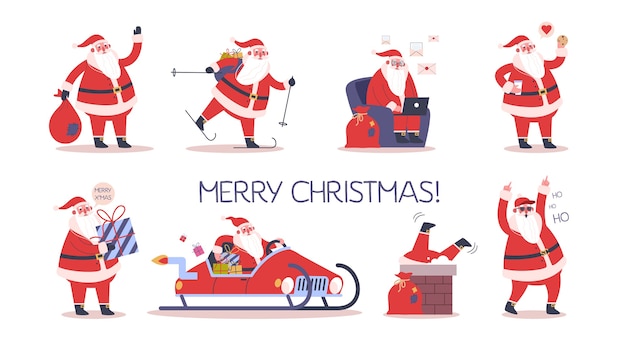 Set of cute funny Santa Claus in glasses celebrating Christmas and New Year. Happy Santa with bag and presents, skiing and having fun. Santa using a notebook. Modern Santa Claus.  illustration