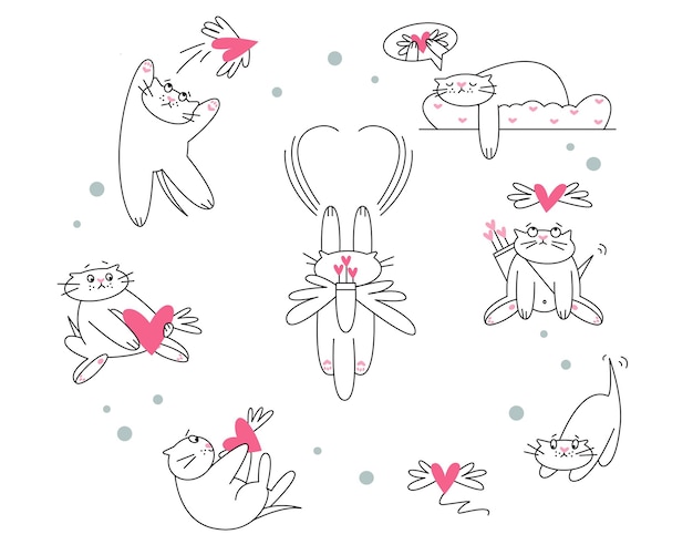 Set of cute funny valentine cat trying to catch the heart