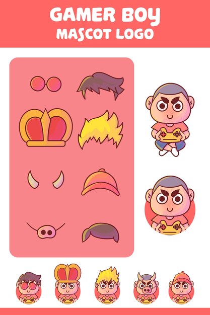 Set of cute gamer boy mascot logo with optional appearance.