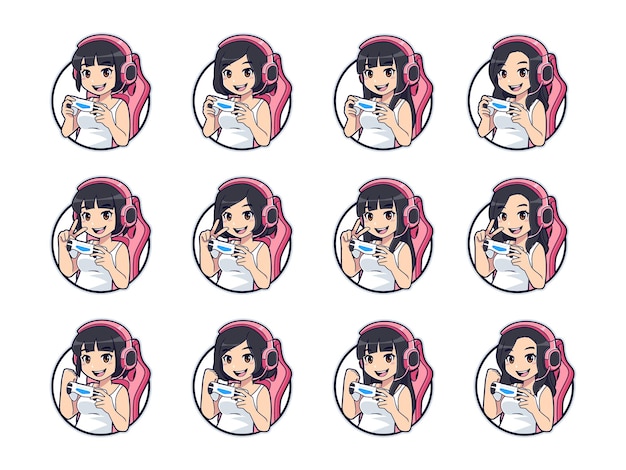 Set of cute gamer character mascot logo, Gamer girl logo for esport or streamer