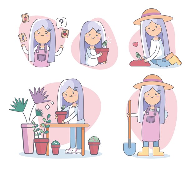 Set of cute gardener girl character Farmers and gardeners doing work or agricultural hobby