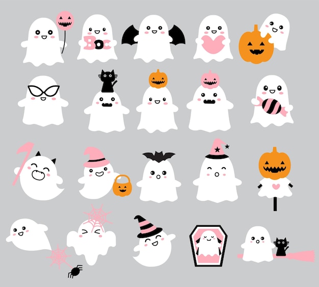 かわいい幽霊ハロウィーンの変更可能な顔、アイコンデザインのセット。ベクトルイラスト