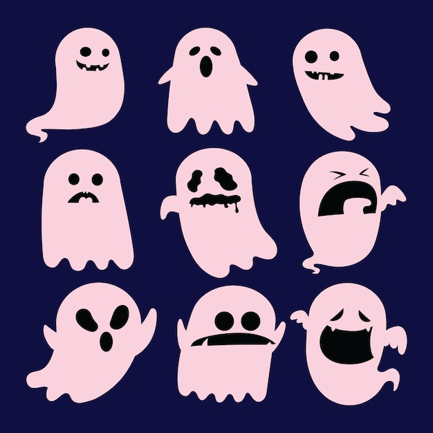 Set di graziose icone dei cartoni animati di fantasmi per l'illustrazione vettoriale di halloween