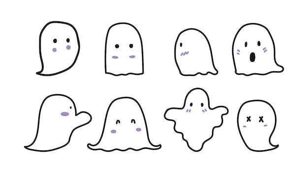 Set of cute ghosts in hand-drawn different style on white background.