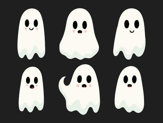 Set cute ghosts with funny faces Vector Halloween kawaii ghost character for festive design decor