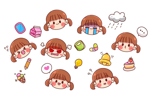 Set of cute girl character icon sticker element symbol cartoon art illustration