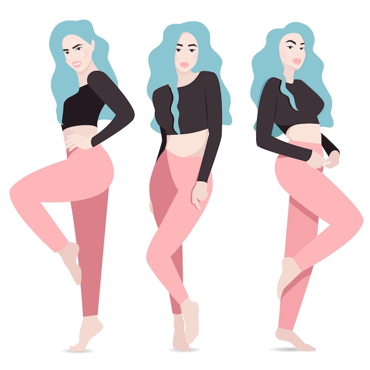 Vector 短いトップで片足で立っている長い髪の裸足でポーズをとるかわいい女の子を設定します。ベクトルイラスト