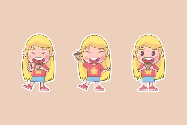 Vector set of cute girl with boba kawaii