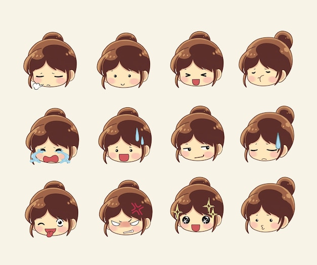 Set of cute girl with different expressions cartoon illustration