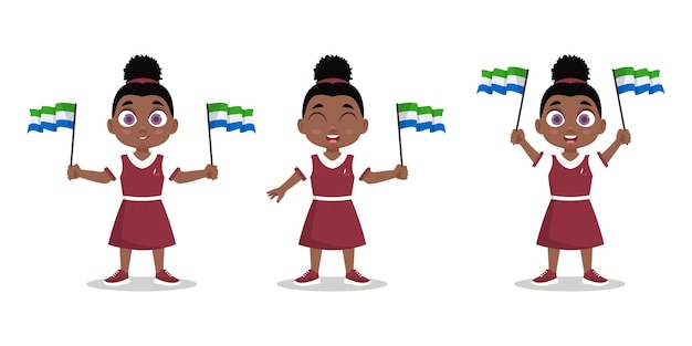 Набор милой девушки с флагом Сьерра-Леоне в руке. Векторная иллюстрация