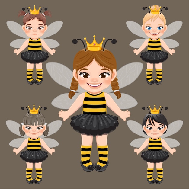 ミツバチの衣装フラット アイコン スタイルのベクトルのかわいい女の子のセット