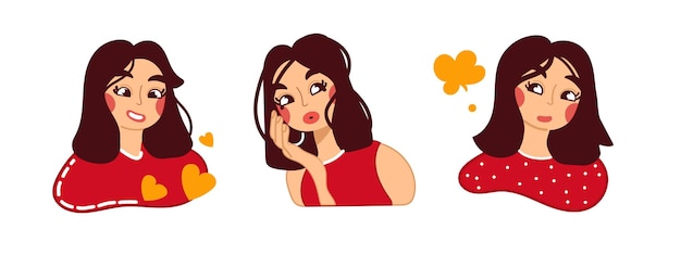 Vector set of cute girls with different emotions cartoon style vector illustration