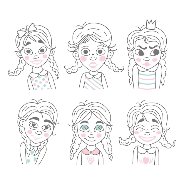 Vector set of cute girls with different emotions
