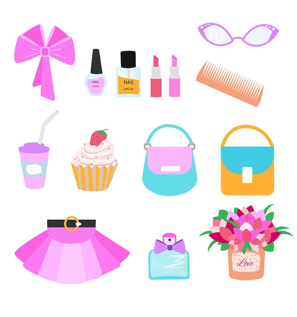 Vector set of cute girly things in bright colors collection of feminine accessories