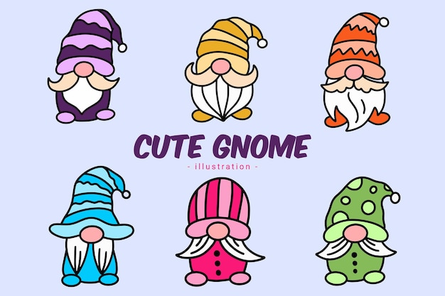 Set of Cute Gnome Elf Hand Draw Cartoon Doodle Clipart Collection