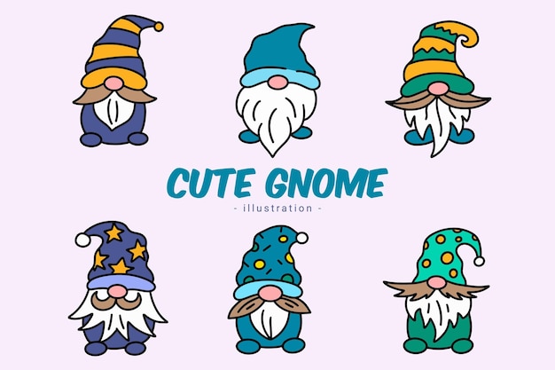 Set of Cute Gnome Elf Hand Draw Cartoon Doodle Clipart Collection