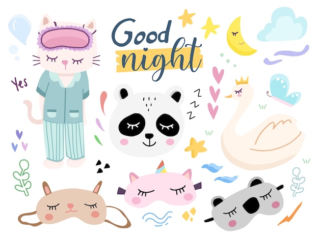 Vettore set di carino good nigh eye mask cartoon illustration