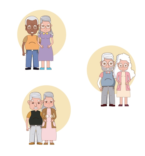 Set of cute grandparents couple cartoons 