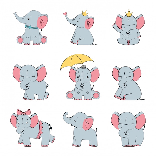 Set cute gray baby elephants