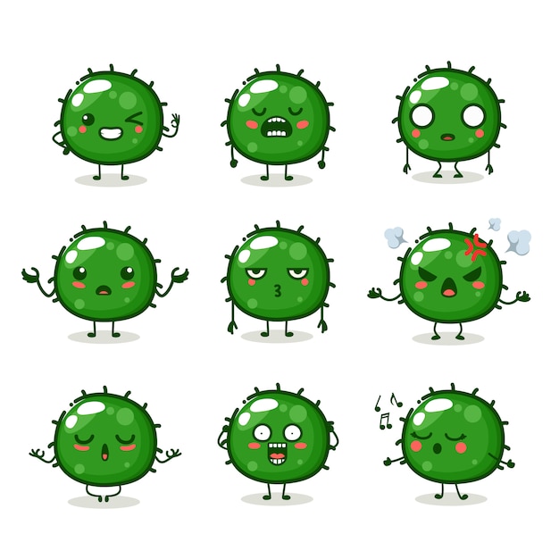 Set of cute Green Bacteria character in different action emotion