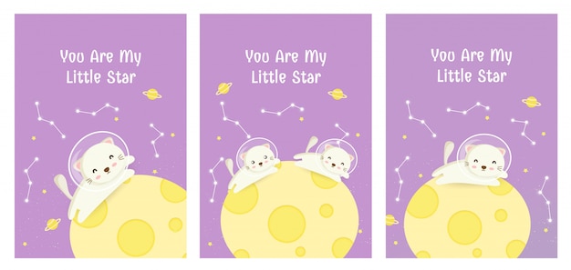 set of cute greeting cards with cats on the moon in galaxy