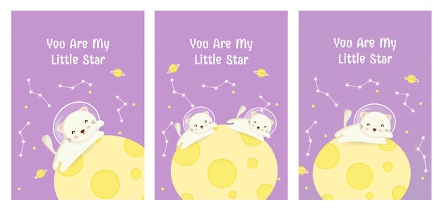 Set of cute greeting cards with cats on the moon in galaxy