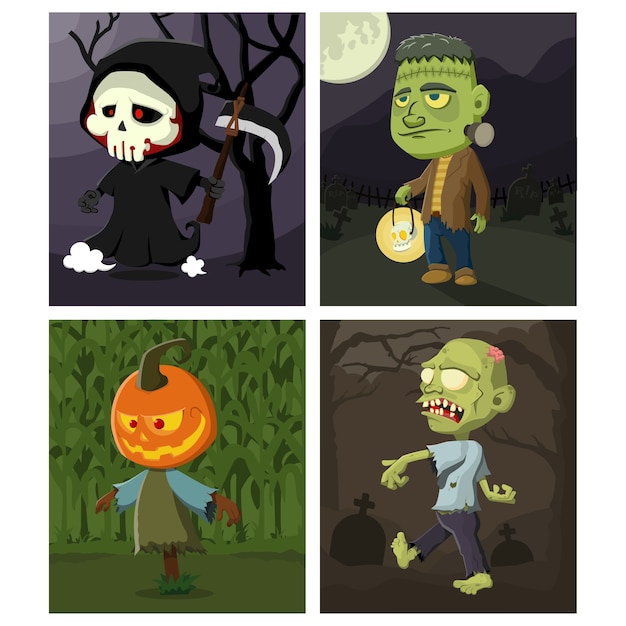 Set of cute halloween characters with halloween theme background  illustration