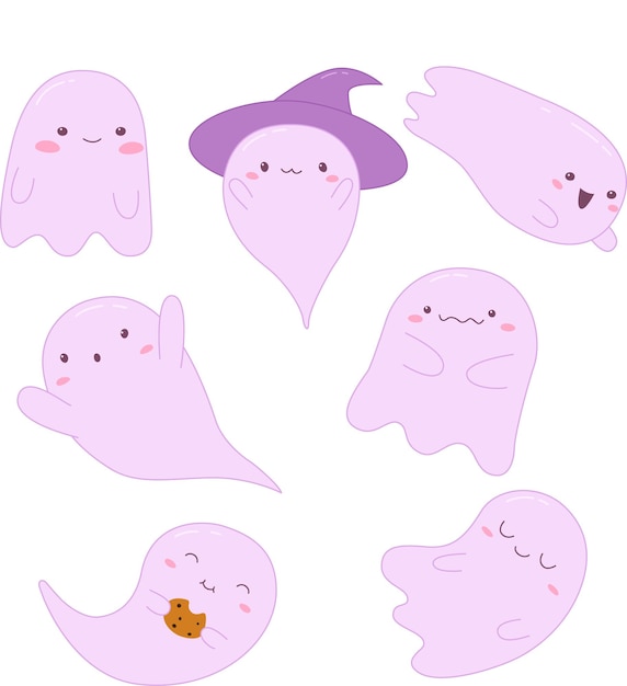 Набор милых призраков Хэллоуина с разными эмоциями и выражениями лица.