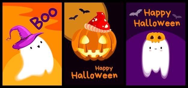 Un set di graziosi biglietti d'auguri di halloween in stile cartone animato