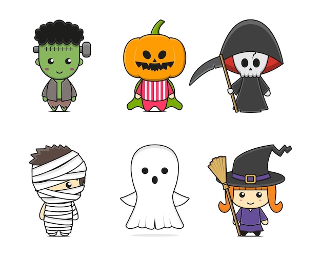 Vettore set di simpatici personaggi della mascotte di halloween. disegno isolato su sfondo bianco.