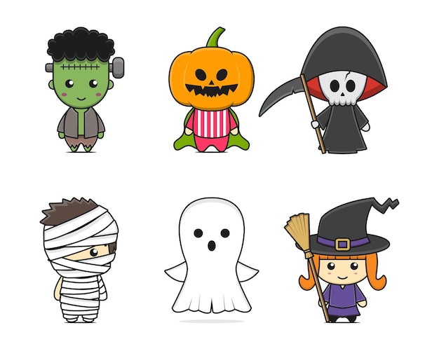 かわいいハロウィンマスコットキャラクターのセットです。白い背景で隔離のデザイン。