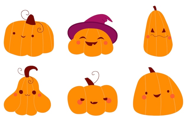 Un set di simpatiche zucche di halloween con diverse emozioni ed espressioni facciali zucca kawaii