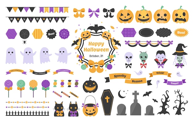 Set of cute Halloween stickers and drawings symbols of the holiday group of badges labels ribbons