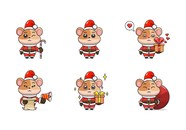 Impostare simpatico criceto in costume di natale animale dei cartoni animati in costume da babbo natale vista frontale sei pose