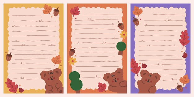 Set di modelli di appunti e note di orso disegnato a mano carino