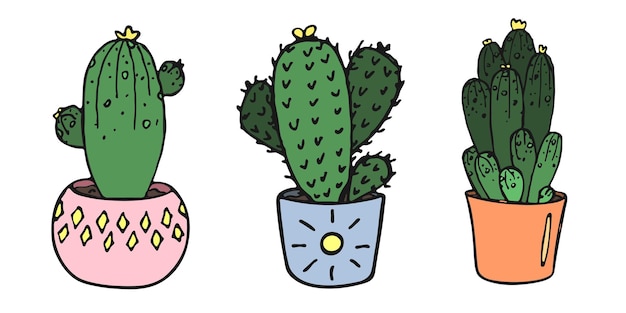 Set di graziose illustrazioni di cactus disegnate a mano pianta d'appartamento in una pentola clipart accogliente casa doodle