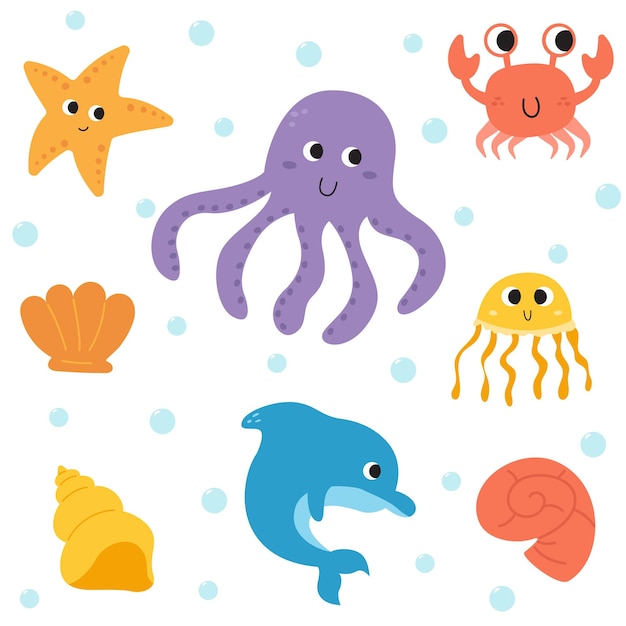 Vector set of cute hand drawn cartoon sea animals underwater world undersea life ocean creaturesxa