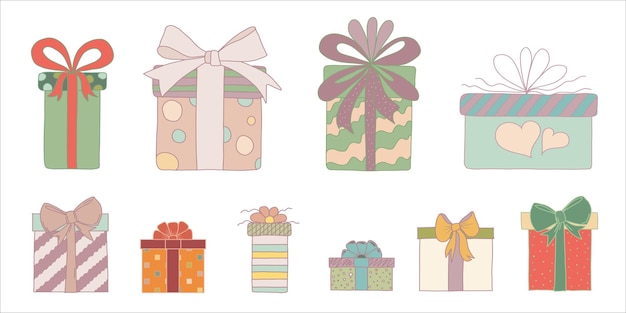 Set graziose scatole regalo colorate disegnate a mano in una confezione regalo di natale in stile doodle o per il compleanno