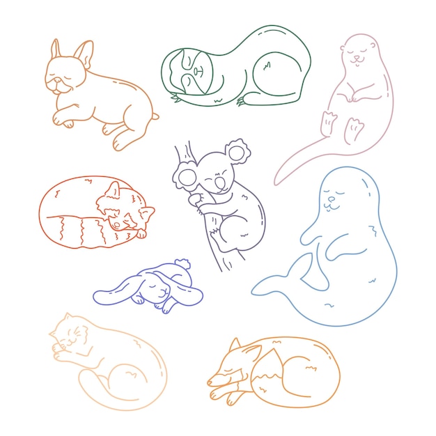 Vettore set di carini disegnati a mano di diversi animali addormentati