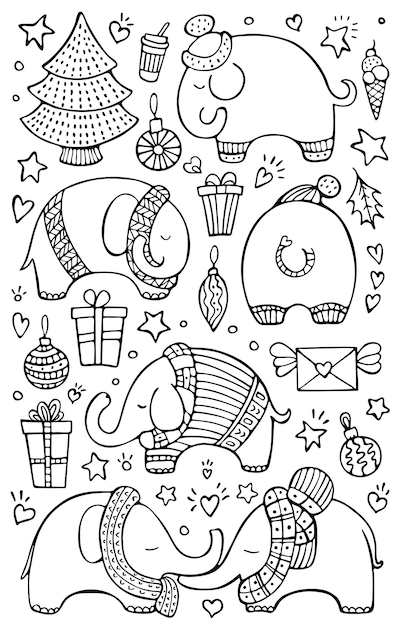 Vector set of cute hand drawn elephants and christmas elements isolated on white background