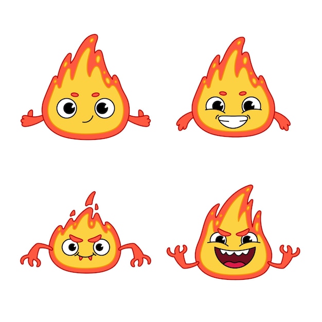 Vector set of cute hand-drawn flame characters showing thumbs up, smiling, with aggressive and wicked expressions