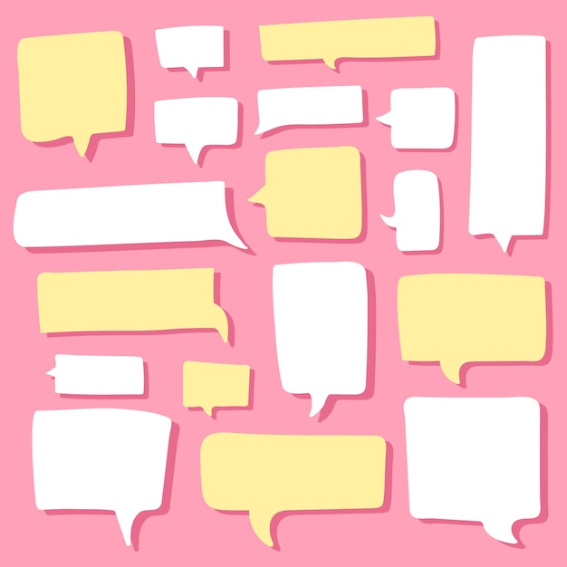 Set of cute hand drawn flat speech bubbles. Kawaii stickers with bubbles on pink background