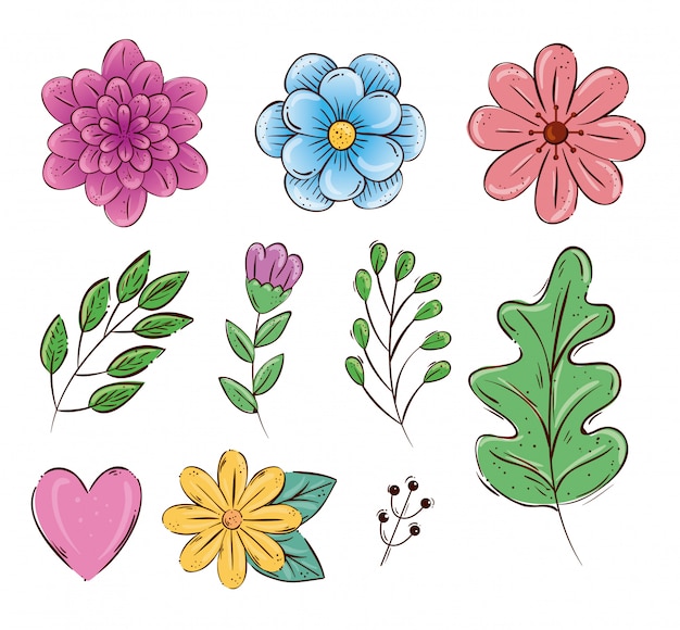 Set of cute hand drawn flowers and leaves